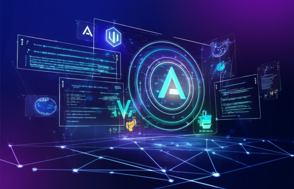 Modern AI-powered tech stack selection interface with glowing neural network patterns and floating technology icons showing React, Node.js, databases, and cloud symbols