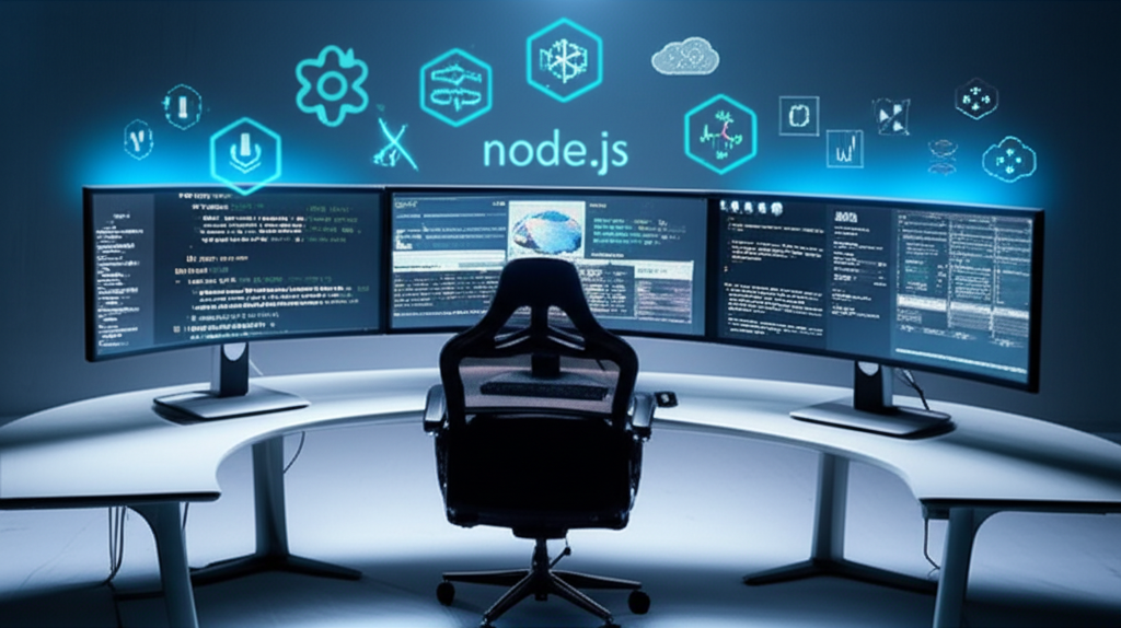 Futuristic developer workspace with three curved ultrawide monitors displaying colorful code interfaces and tech dashboards, modern black ergonomic office chair, white desk, holographic floating technology icons above monitors including React, Node.js, databases, cloud symbols, blue cyan glowing elements, professional lighting, high-tech atmosphere