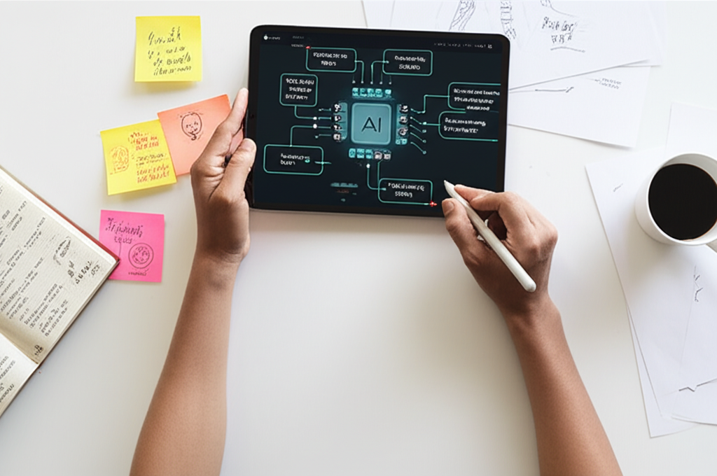 Entrepreneur writing startup idea on modern tablet with AI interface and brainstorming materials