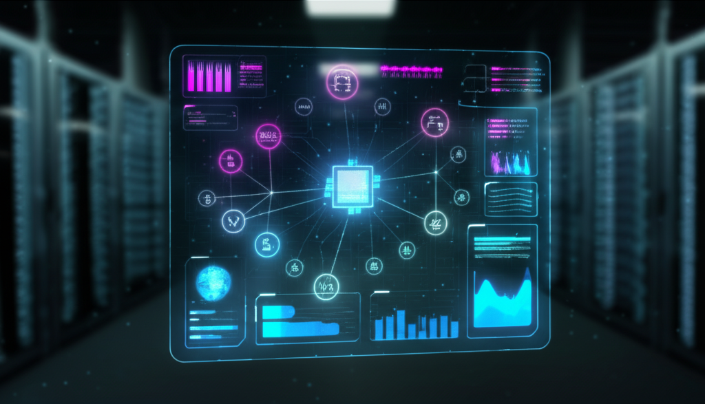Futuristic AI interface analyzing and recommending tech stack components with holographic technology displays